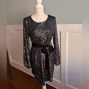 Dress Forum Black Sequin Mini Dress with Velvet Tie